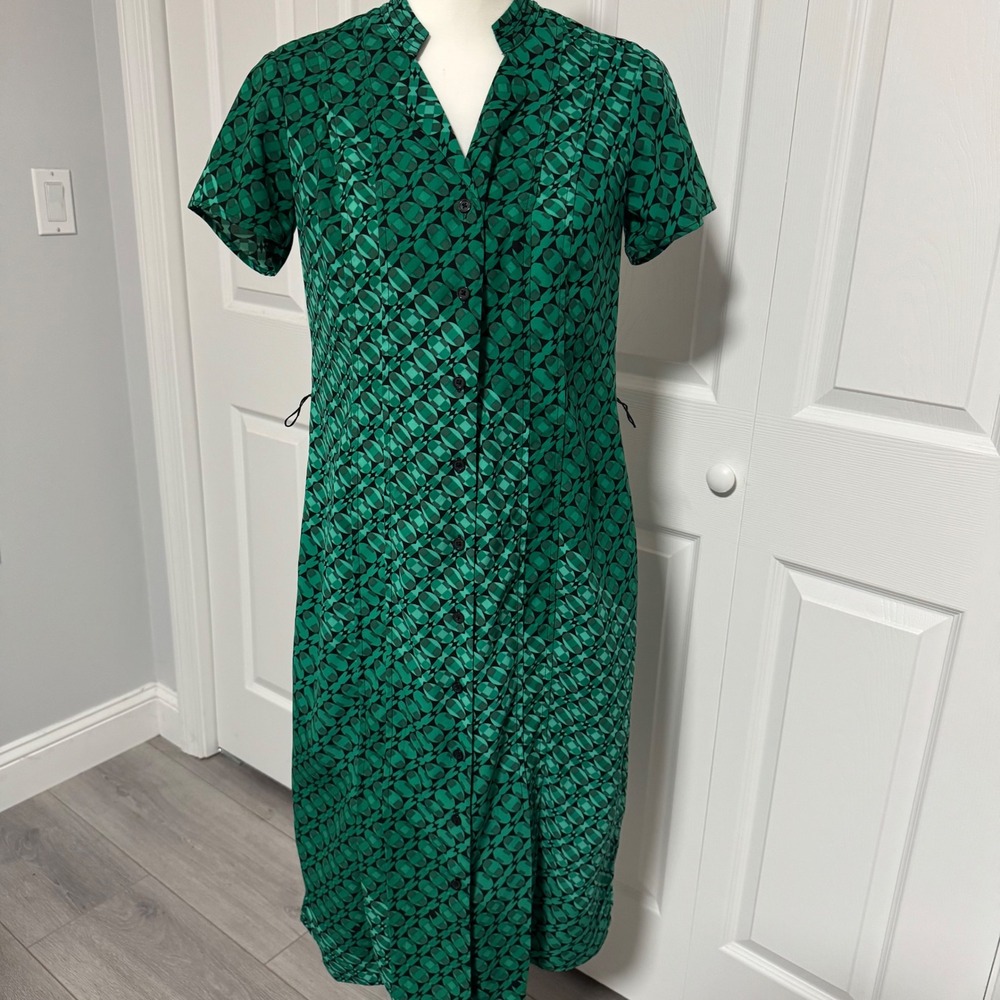 Dana Buchman Green Geometric Print Button Front Midi Shirt Dress XS Pockets